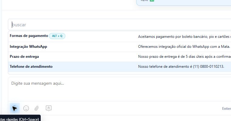 Lista de respuestas rápidas abierta en el área de escritura del chat Tolv