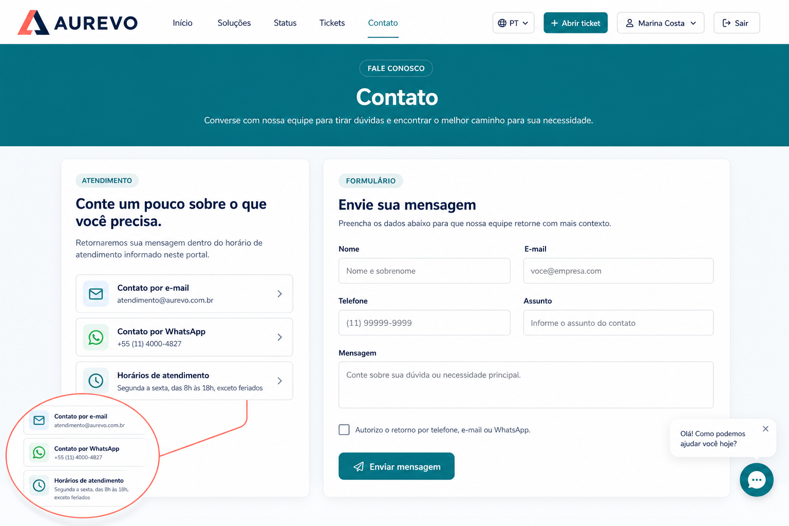 Página de contacto personalizada de Aurevo con formulario, canales de atención y chat