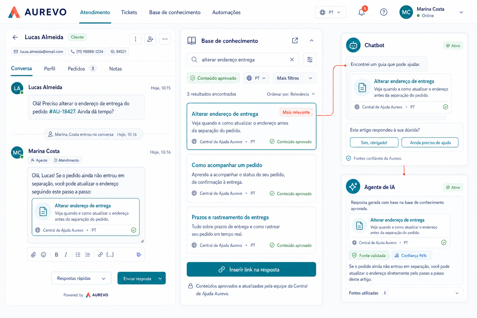 Base Aurevo conectada con atención humana, tickets, chatbot y agente de IA