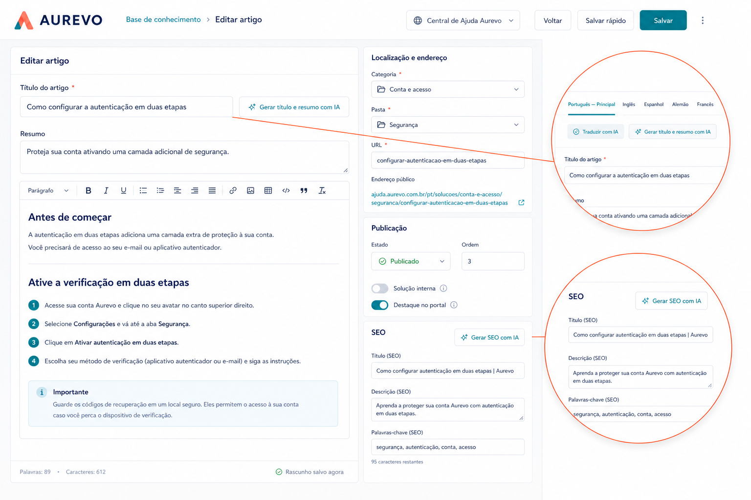 Editor Aurevo con contenido enriquecido, traducción por IA, publicación y SEO