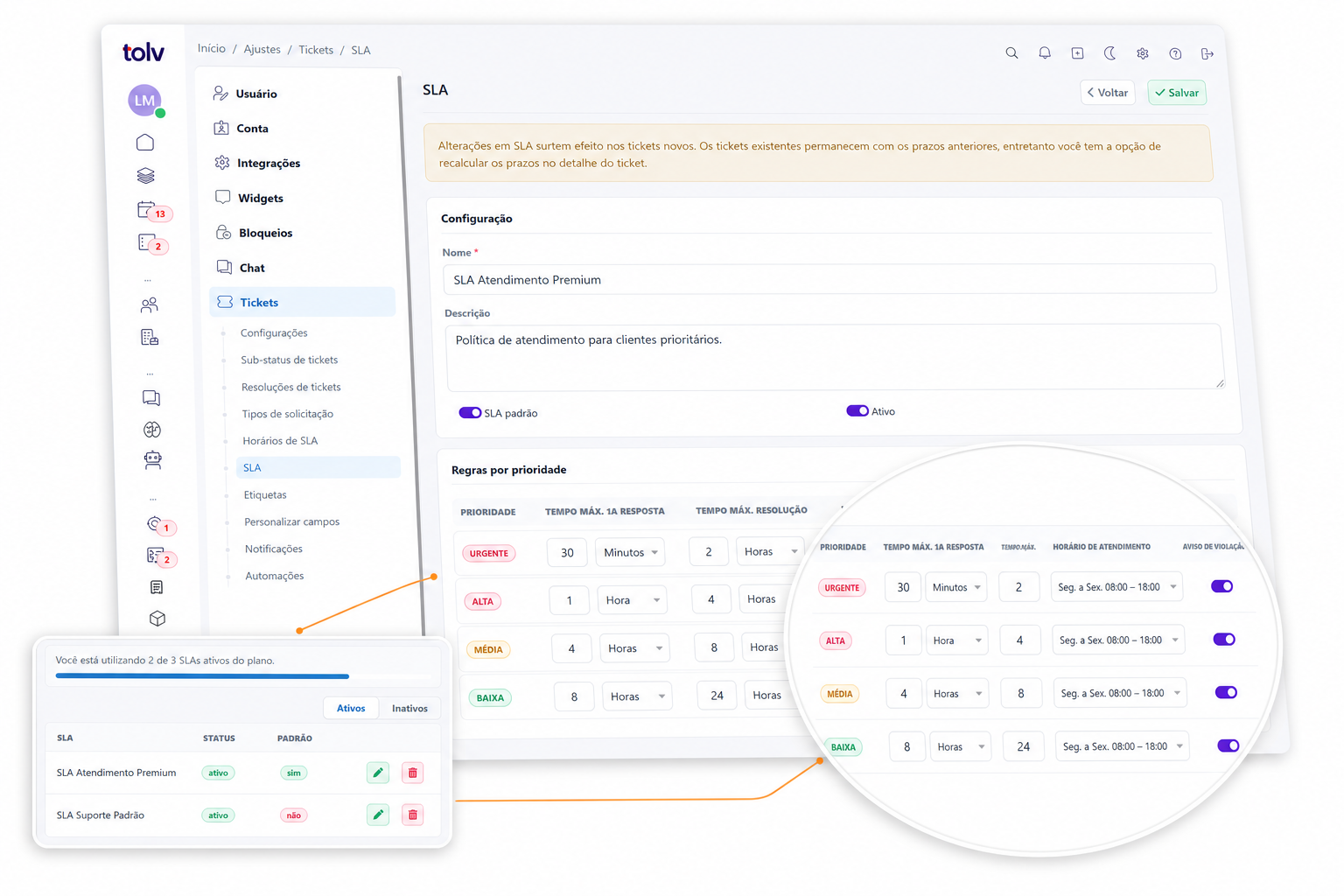 Captura de configuración o seguimiento de SLA